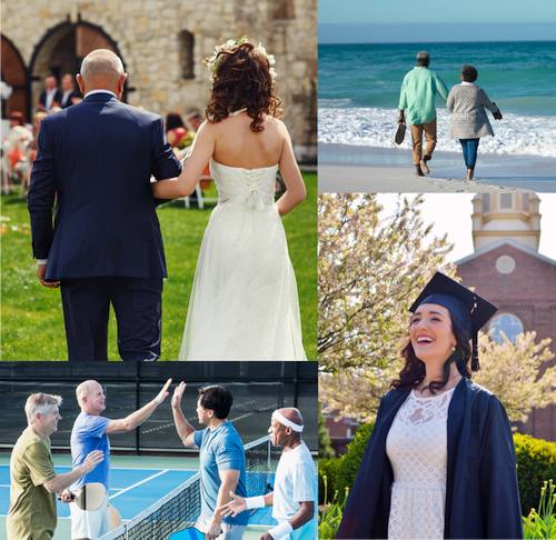 Crescent Wealth Advisory Helps families manage life events - collage of wedding, retired couple, pickleball and a graduation.